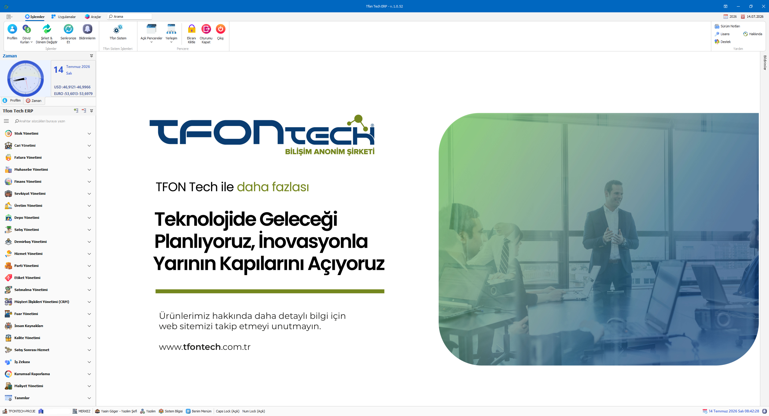 Tfon Tech ERP ana ekranı ve entegre yönetim modülleri