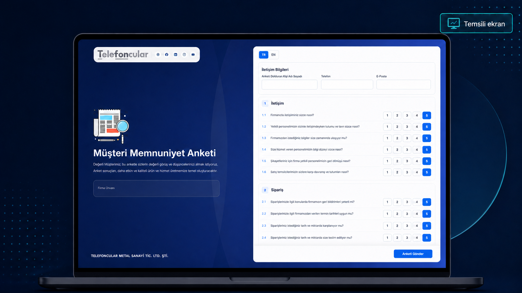 Tfon Tech Bulut Müşteri Memnuniyet Anketi çözümünün temsili verilerle hazırlanmış yazılım ekranı